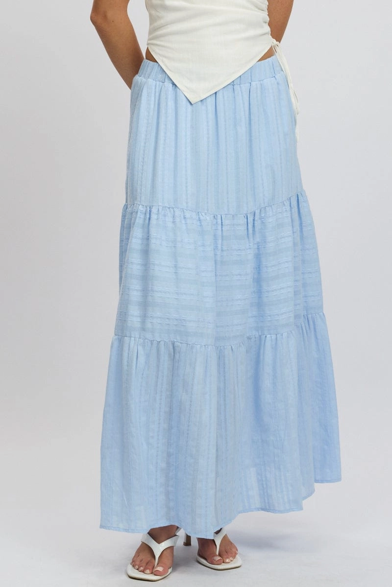 Blue Tiered Maxi Skirt High Rise Elastic Waist Lined