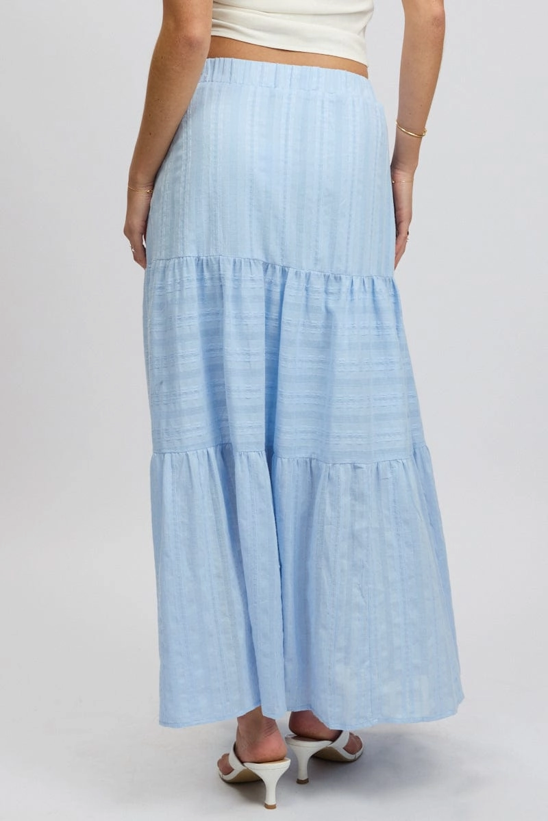 Blue Tiered Maxi Skirt High Rise Elastic Waist Lined