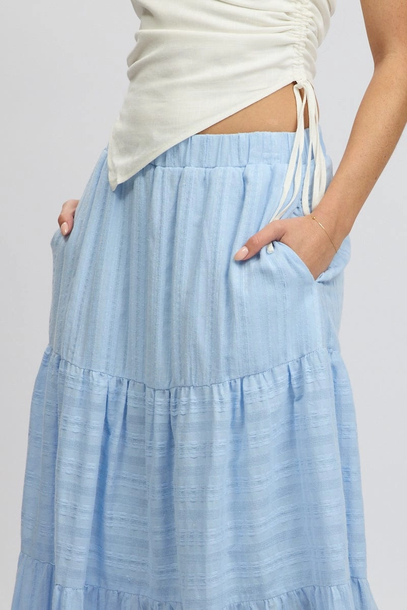 Blue Tiered Maxi Skirt High Rise Elastic Waist Lined