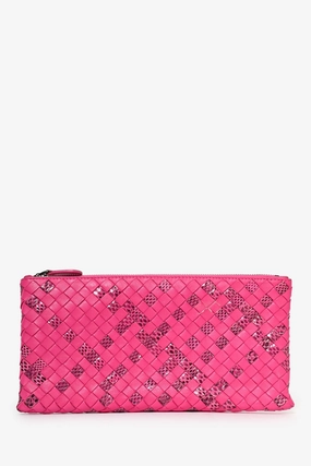 Bottega Pink Python/Leather Intrecciato Zip Pouch