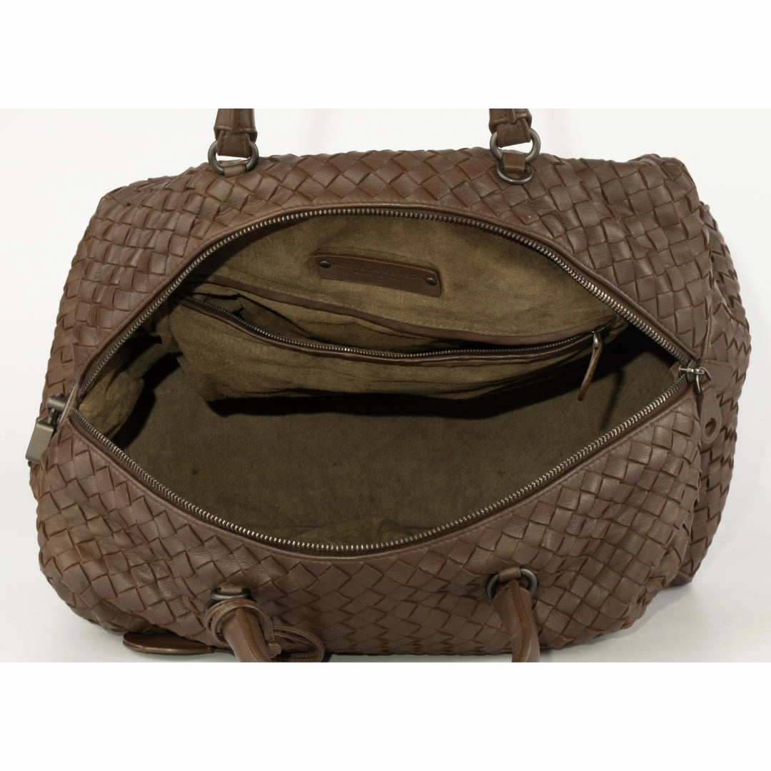 Bottega Veneta Brown Intrecciato Leather Boston Bag