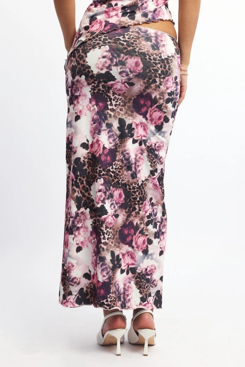 Brown Animal Print Leopard Skirt Elasticated Picot Trim Midaxi