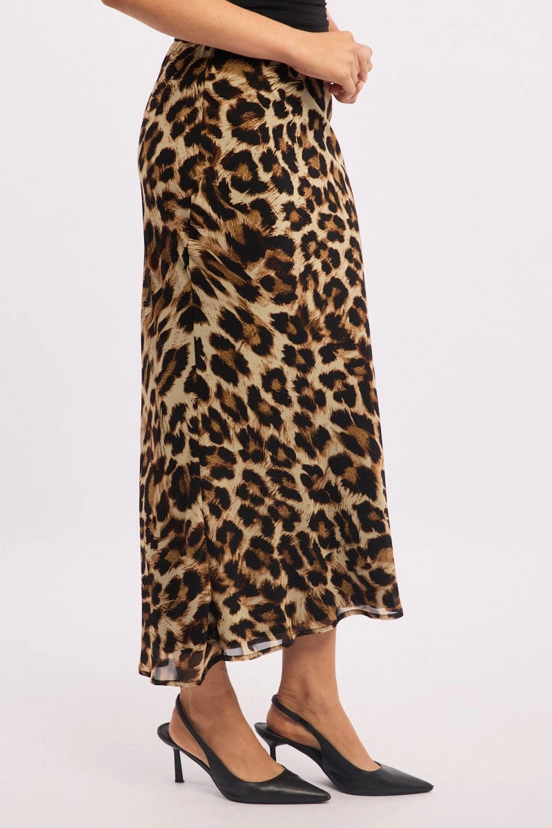 Brown Animal Print Slip Skirt High Rise Elastic Waist Maxi