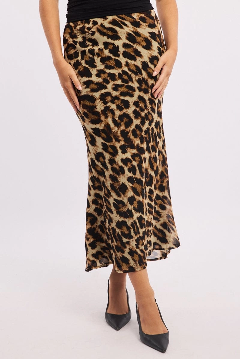 Brown Animal Print Slip Skirt High Rise Elastic Waist Maxi