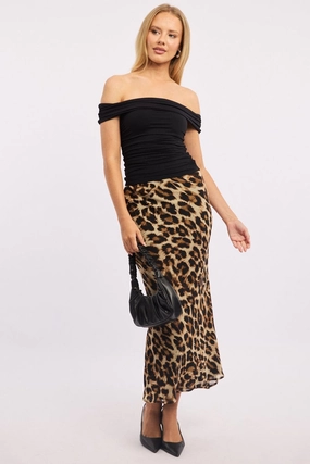 Brown Animal Print Slip Skirt High Rise Elastic Waist Maxi