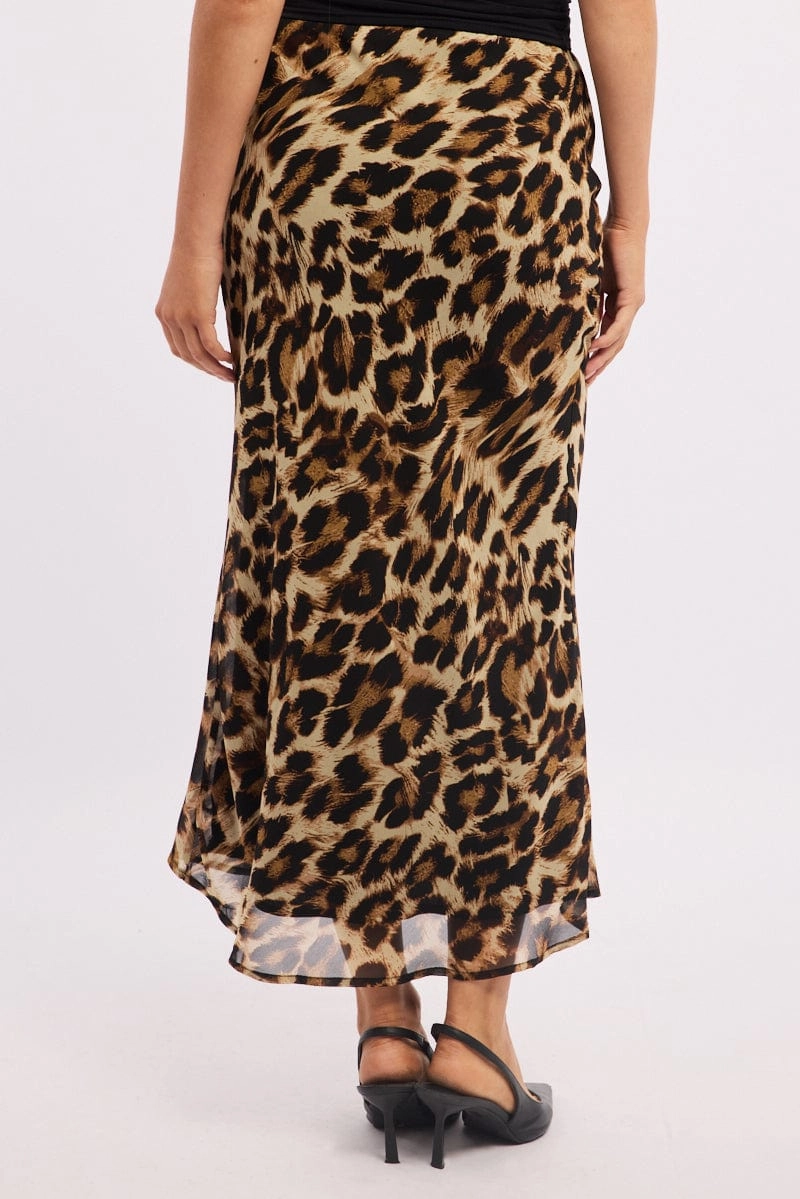 Brown Animal Print Slip Skirt High Rise Elastic Waist Maxi