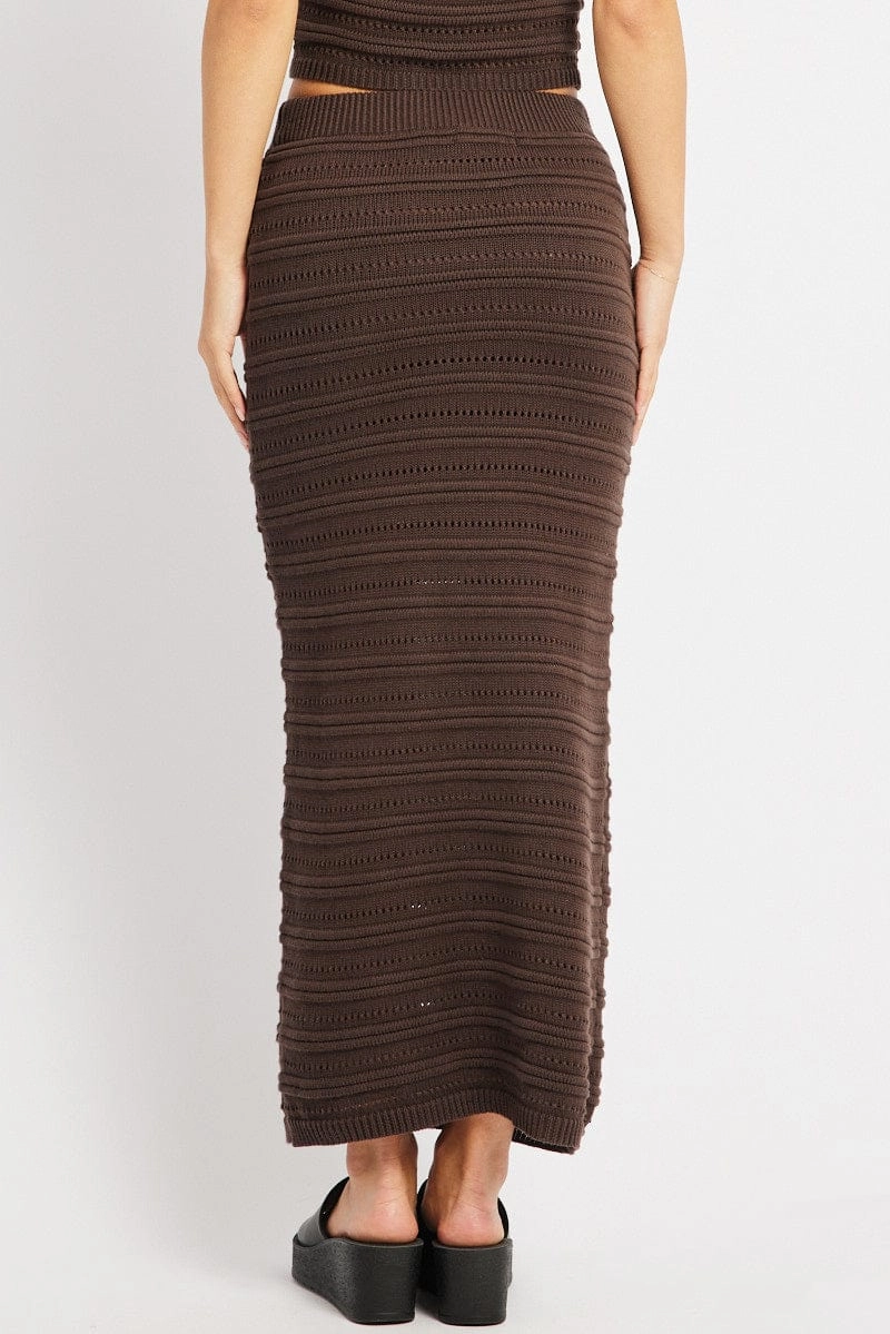 Brown Crochet Skirt High Rise Elastic Waistband Midi