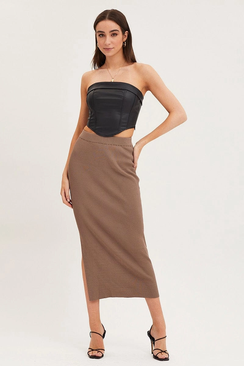 Brown Knit Skirt Midi High Rise