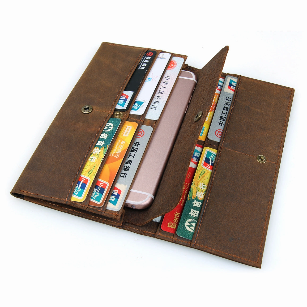 Brown Leather Mens Long Wallet Long Bifold Card Wallet For Men