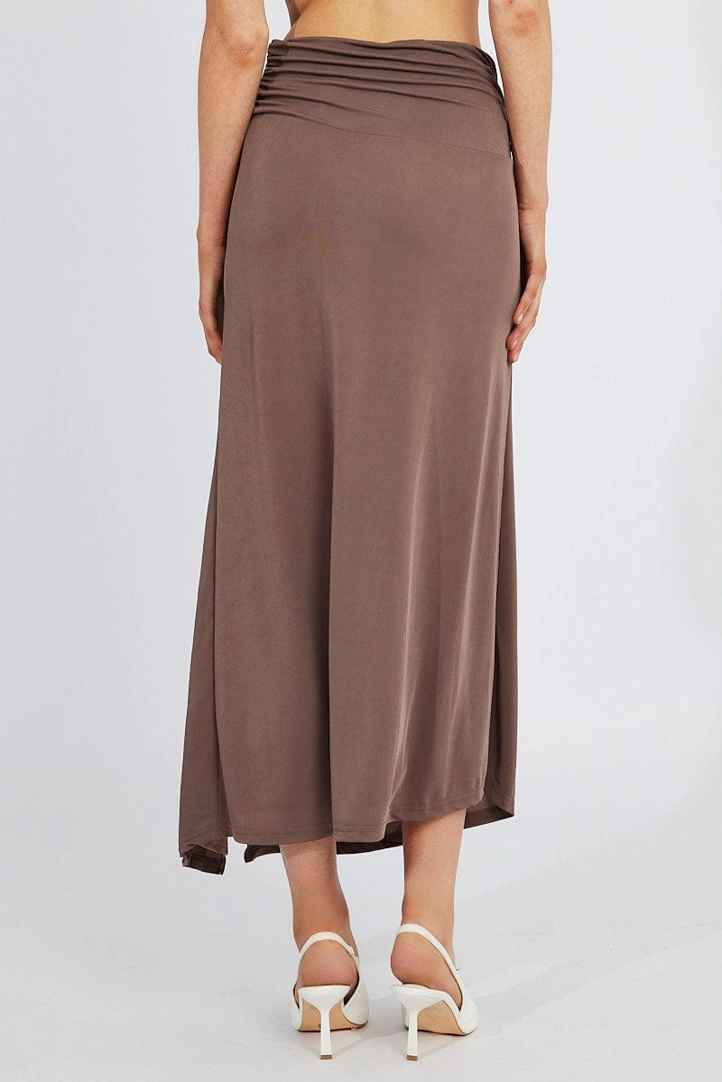 Brown Maxi Skirt Asymmetric Hem