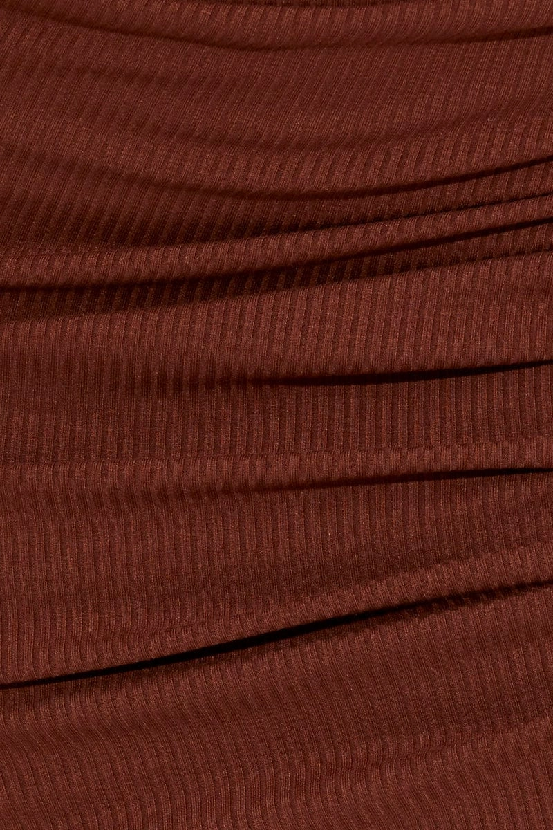 Brown Maxi Skirt Front Slit Ribbed