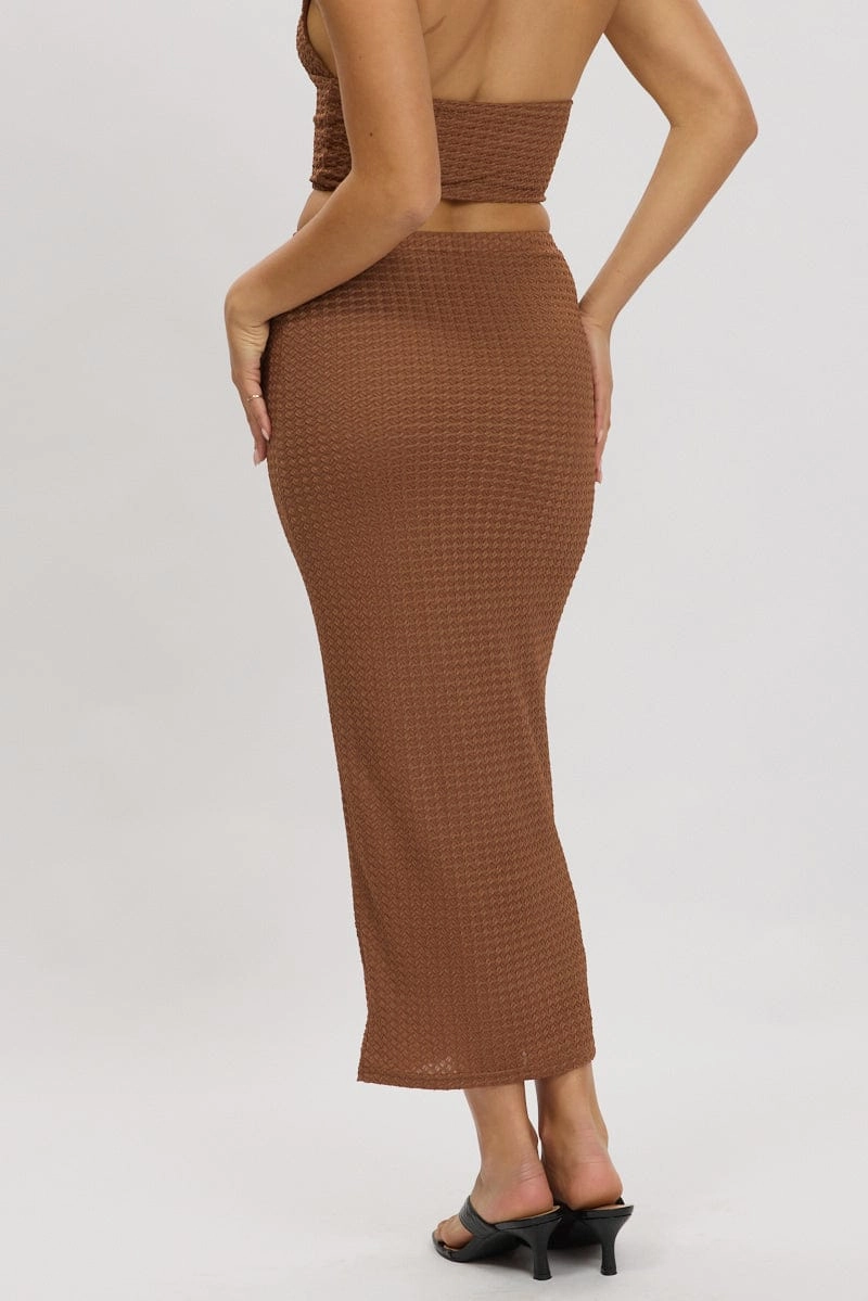 Brown Midi Skirt High Rise Textured Jersey