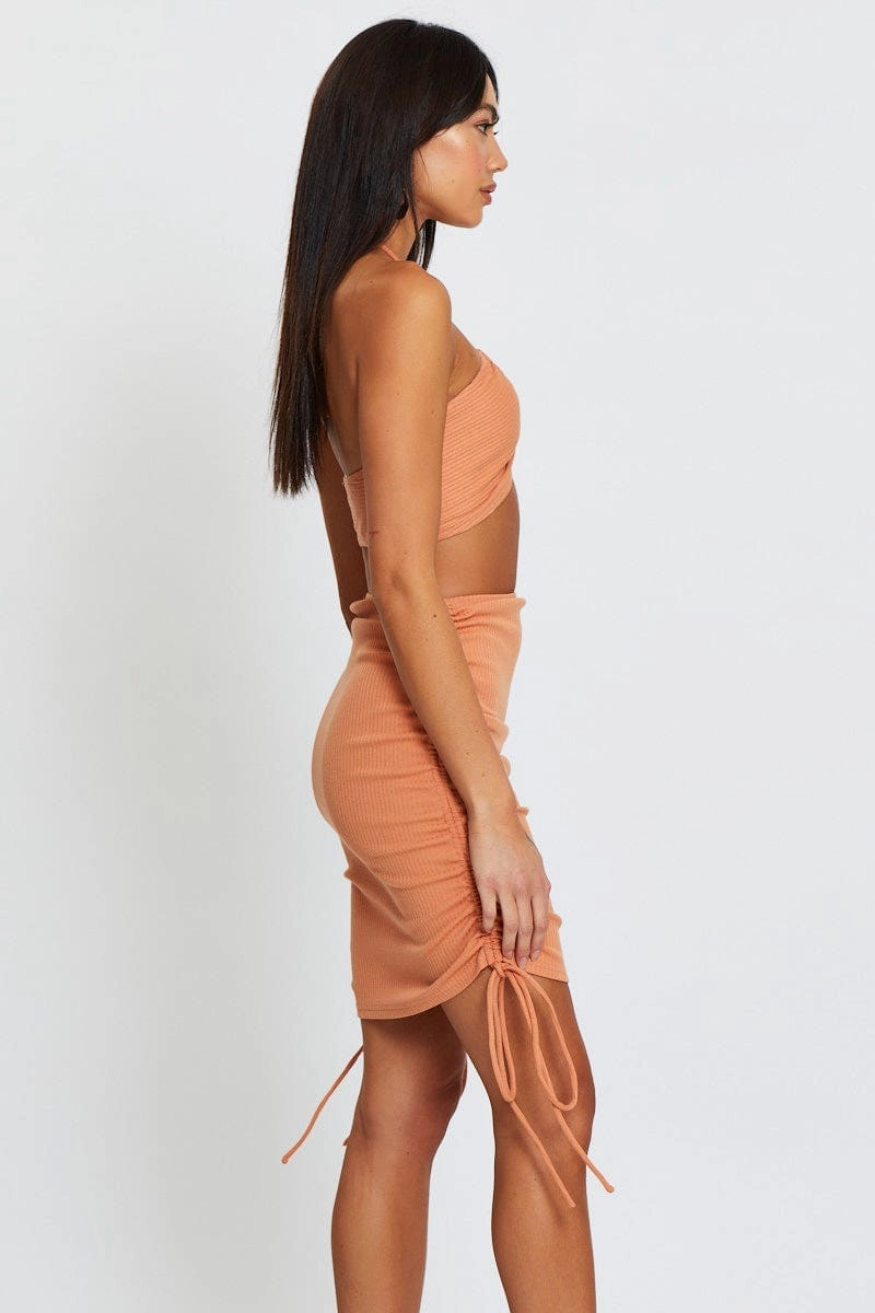 Brown Ribbed Ruched Drawstring Skirt