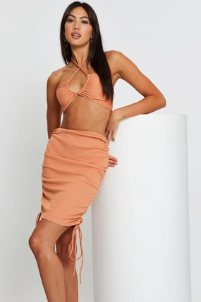 Brown Ribbed Ruched Drawstring Skirt