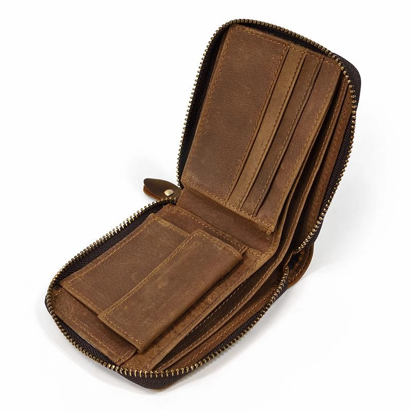 Brown Zip Leather Billfold Wallet for Men Bifold Wallet Vertical Zip Leather Small Wallet For Men
