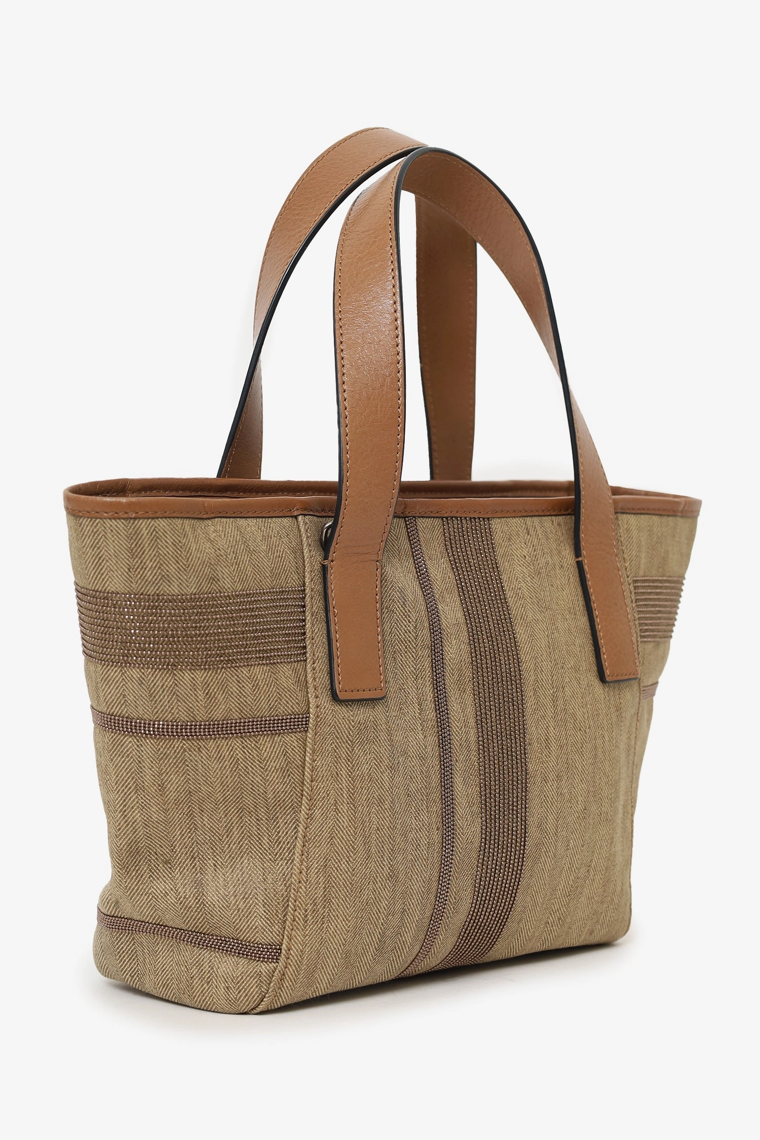 Brunello Cucinelli Brown Canvas/Leather Studded Mini Tote Bag with Strap