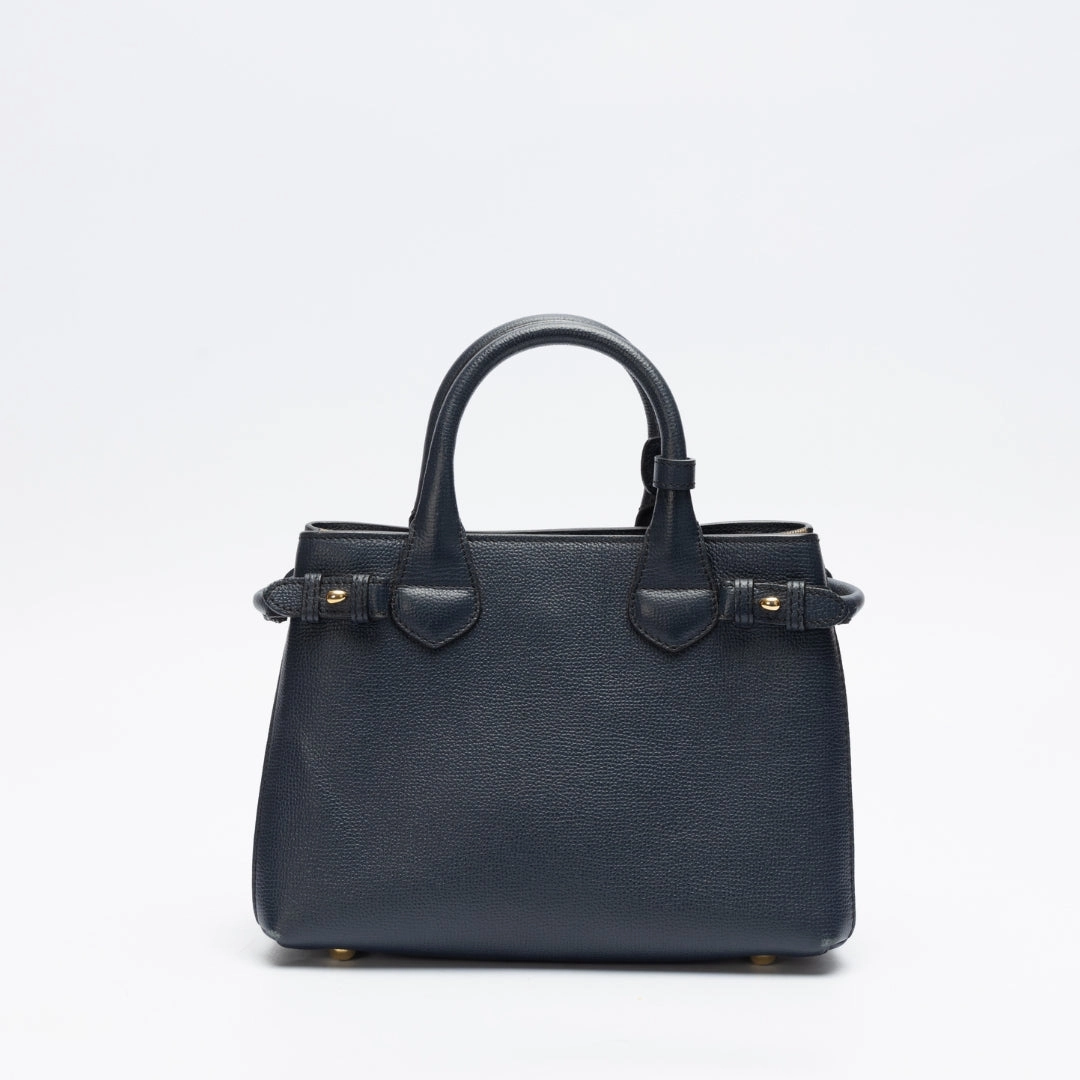 Burberry Navy Blue Leather and House Check Fabric Satchel