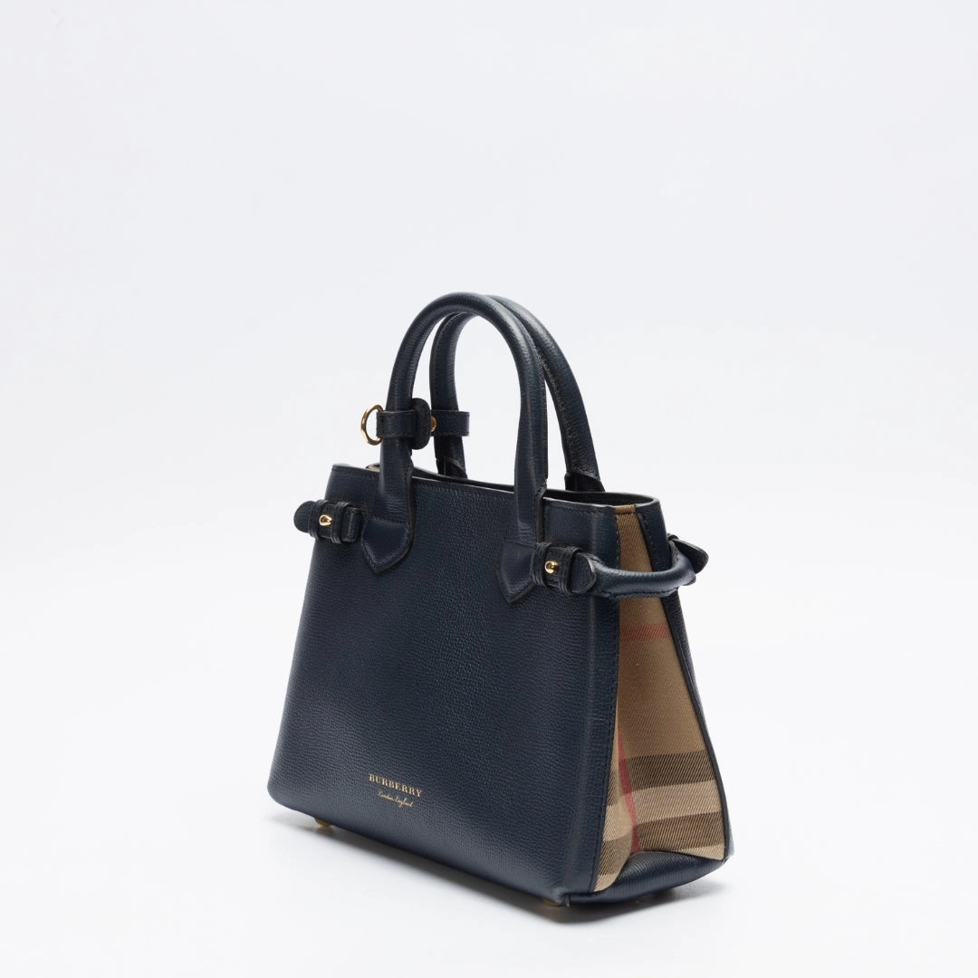 Burberry Navy Blue Leather and House Check Fabric Satchel