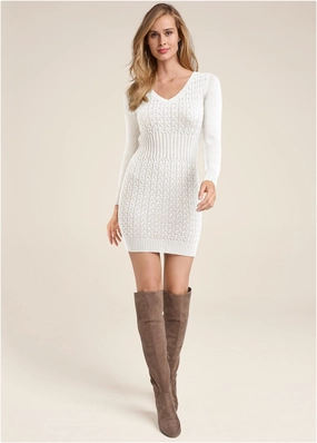Cable Knit Sweater Dress - Cream