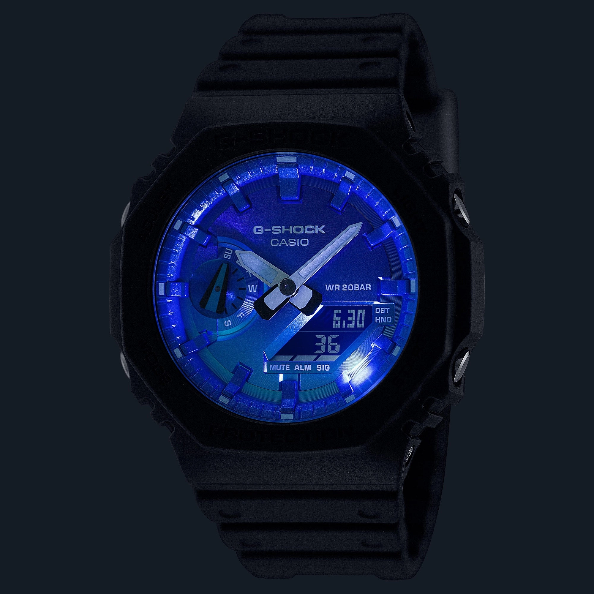 CASIO G-SHOCK GLOWY BLUE DIAL GRAY-ON-BLACK STRAP WATCH GA-2100FL-1ADR