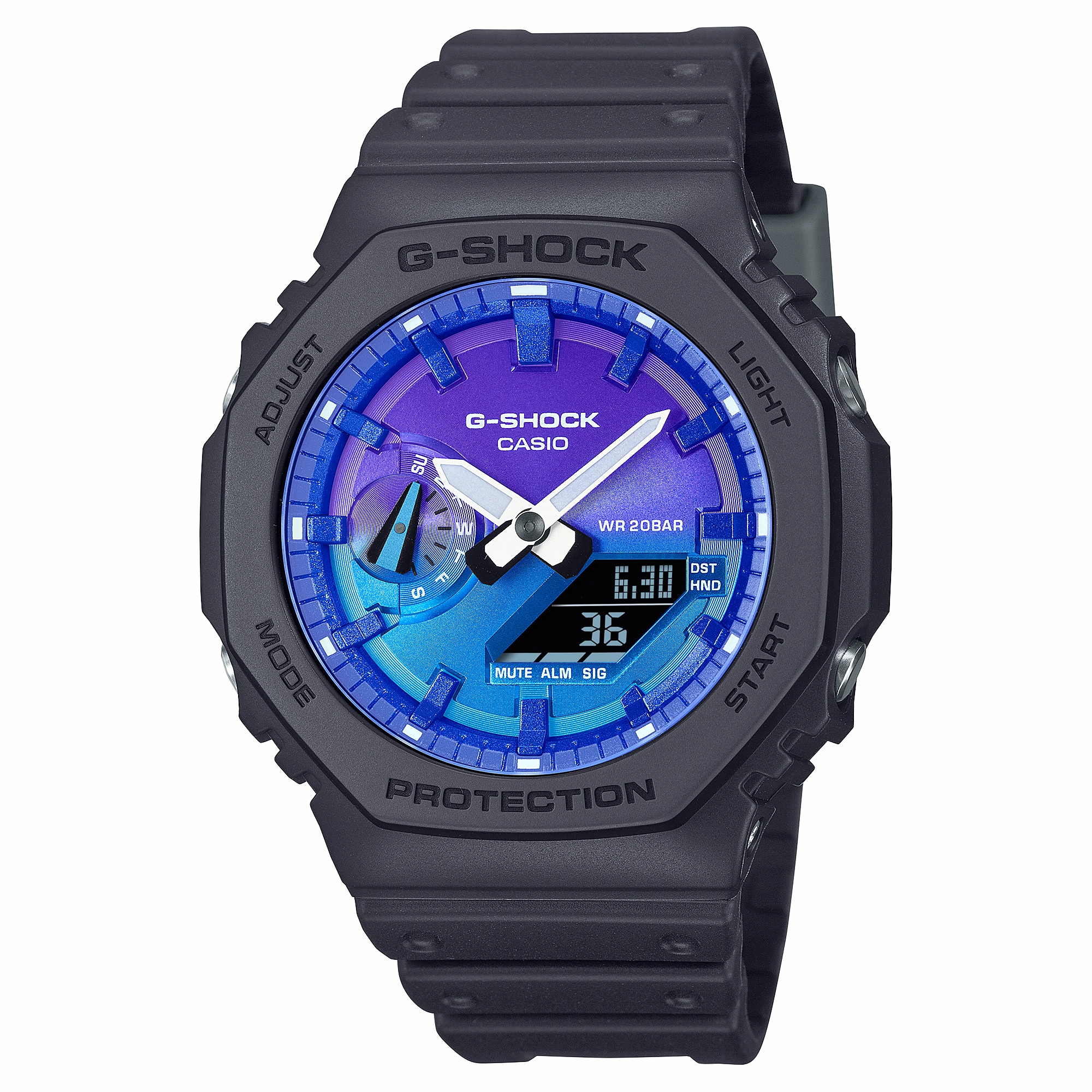 CASIO G-SHOCK GLOWY BLUE DIAL GRAY-ON-BLACK STRAP WATCH GA-2100FL-1ADR