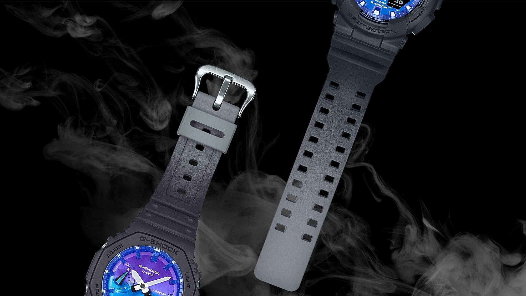 CASIO G-SHOCK GLOWY BLUE DIAL GRAY-ON-BLACK STRAP WATCH GA-2100FL-1ADR