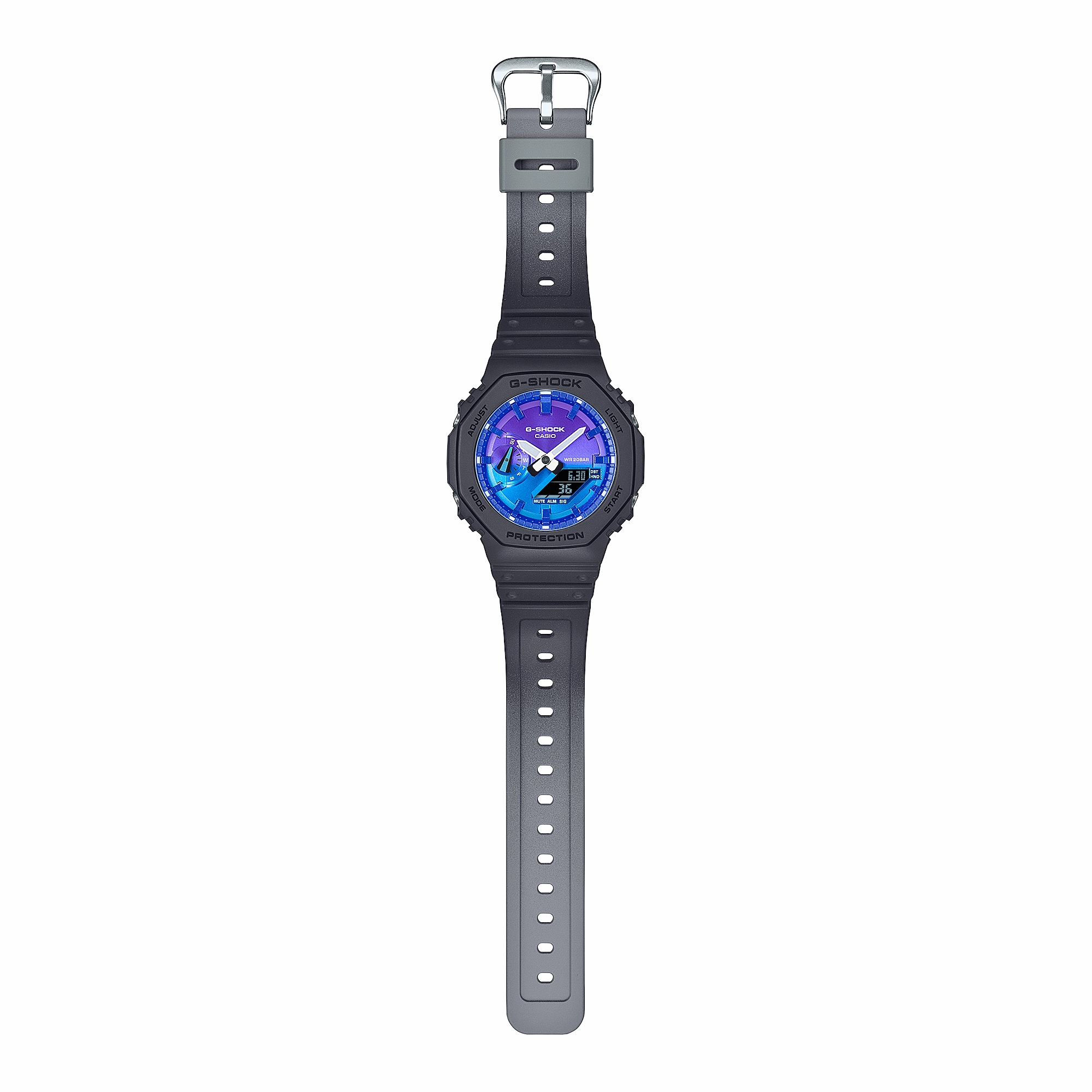CASIO G-SHOCK GLOWY BLUE DIAL GRAY-ON-BLACK STRAP WATCH GA-2100FL-1ADR
