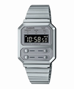 Casio Vintage Revival F100 All Silver Dual Time Digital A100WE-7B