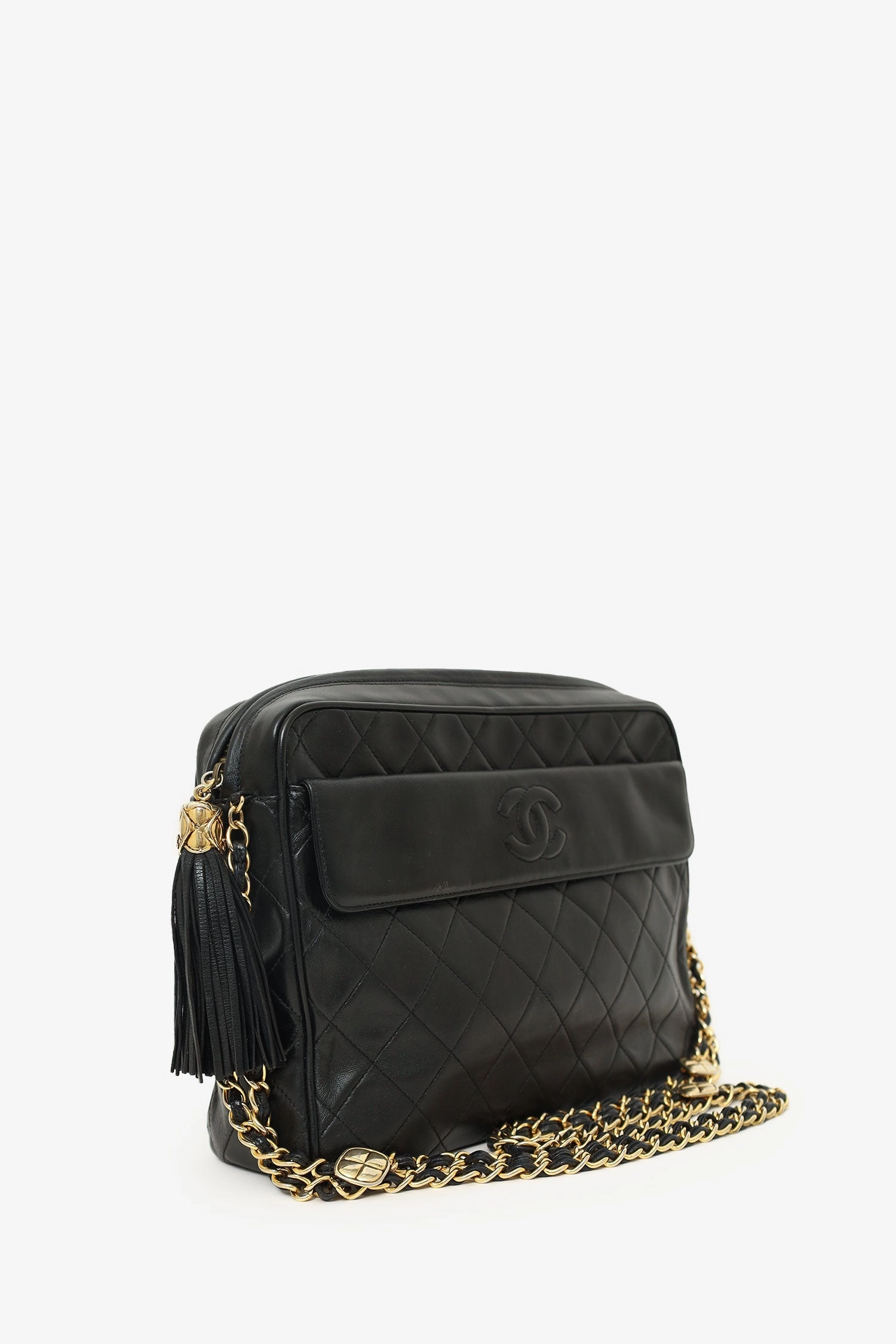 Chanel? 1989-91 Black Lambskin CC Quilted Tassel Camera Bag