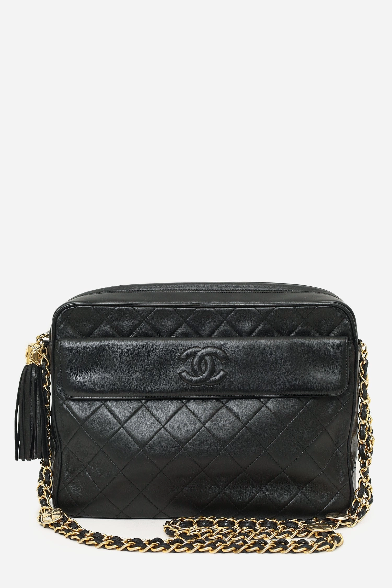 Chanel? 1989-91 Black Lambskin CC Quilted Tassel Camera Bag