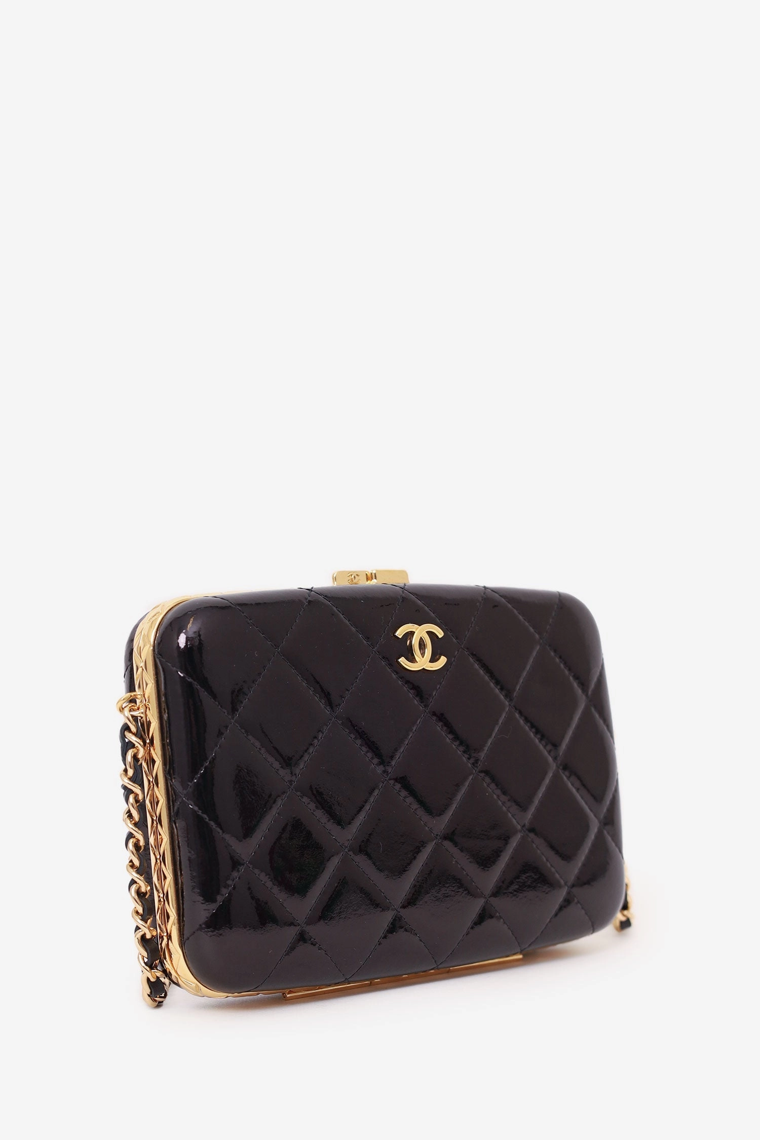 Chanel 2021 Black Patent Quilted Box On Chain Bag