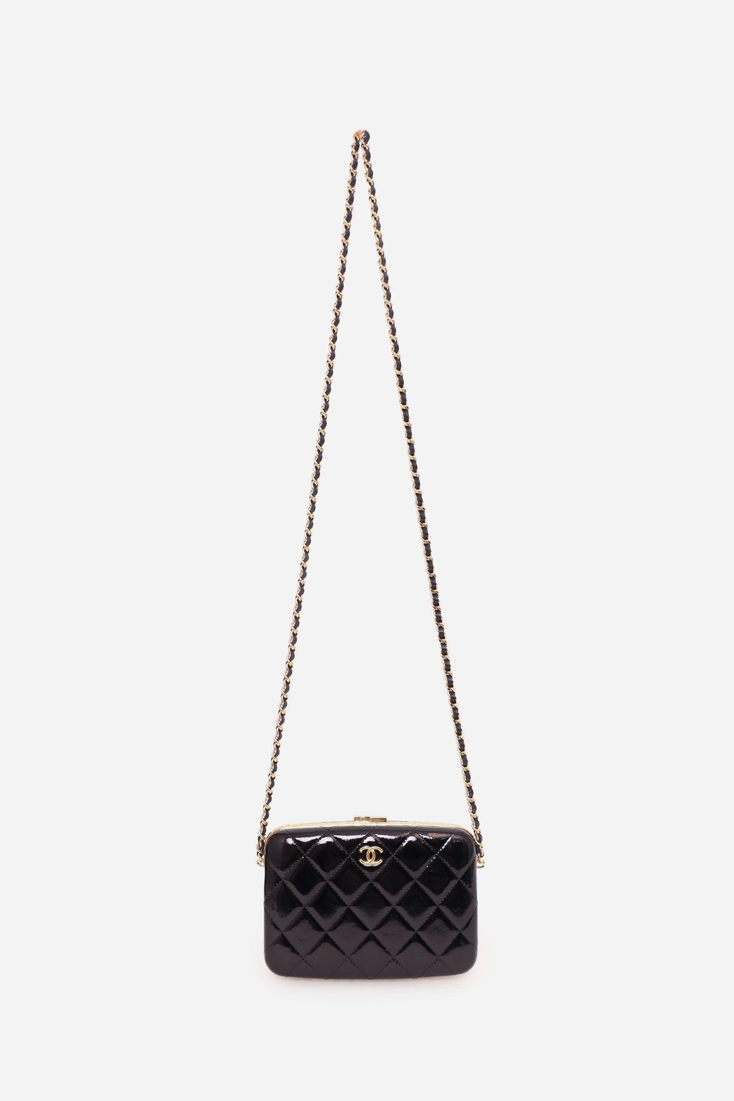 Chanel 2021 Black Patent Quilted Box On Chain Bag