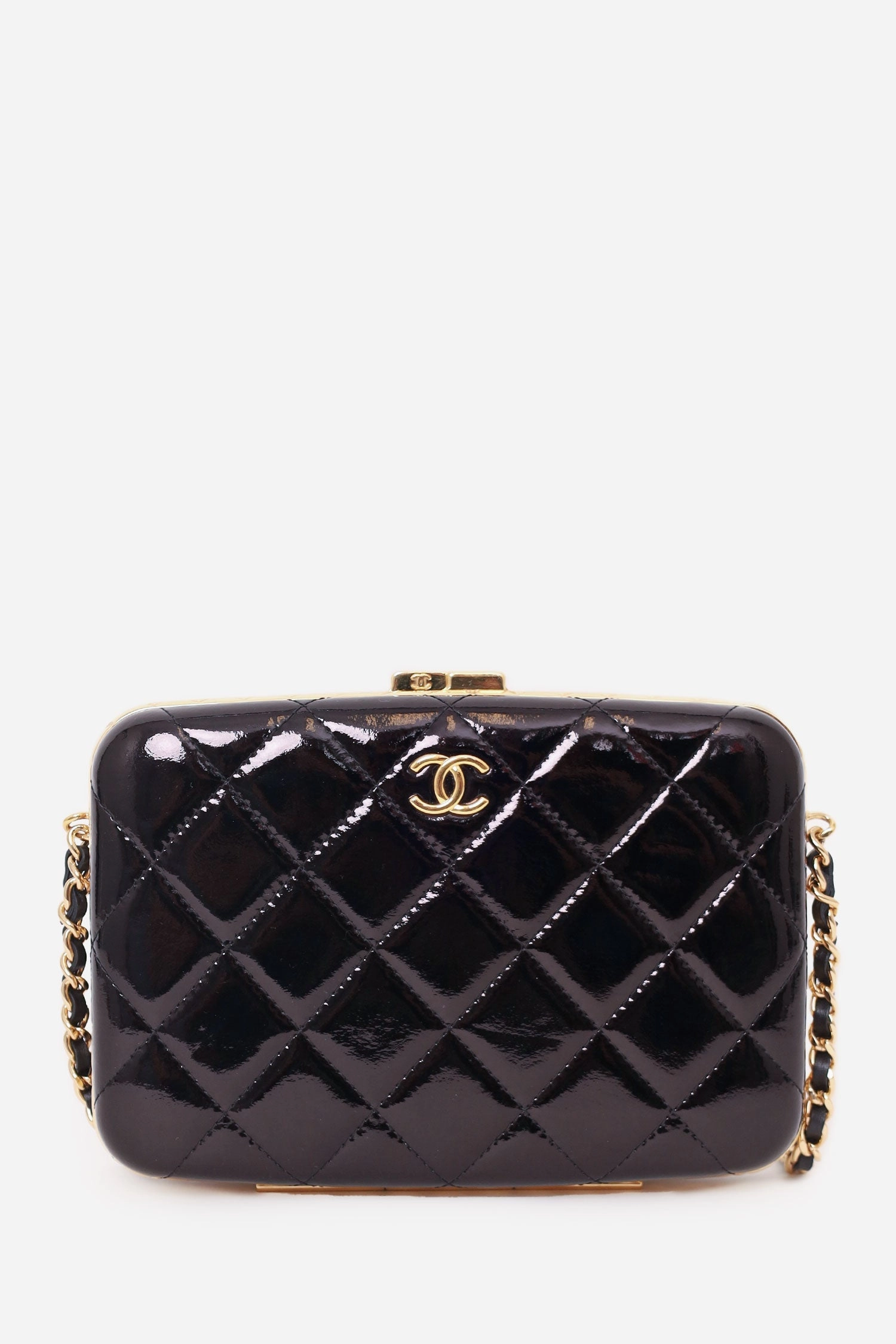 Chanel 2021 Black Patent Quilted Box On Chain Bag
