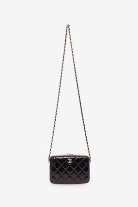 Chanel 2021 Black Patent Quilted Box On Chain Bag