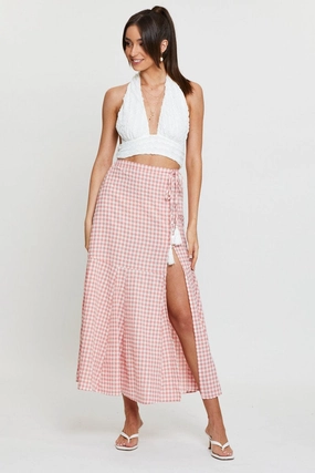 Check Maxi Skirt High Waist Front Split