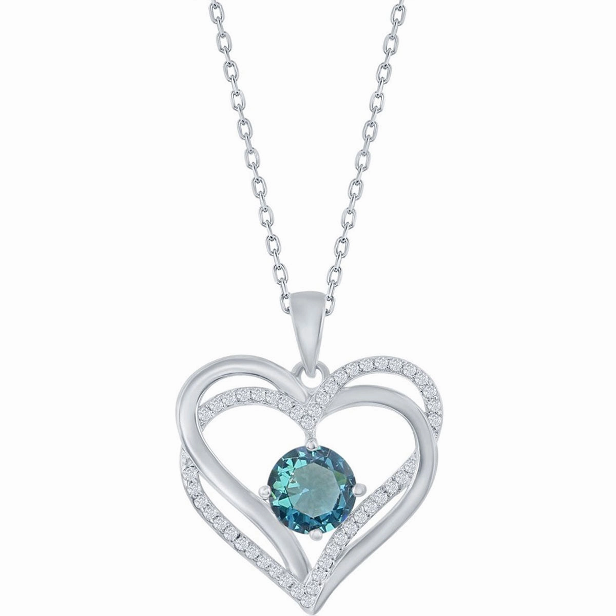 Classic Women's Pendant - Sterling Silver Double Heart Blue CZ Birthstone| K-8928