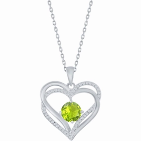Classic Women's Pendant - Sterling Silver Double Heart Peridot CZ Birthstone| K-8924