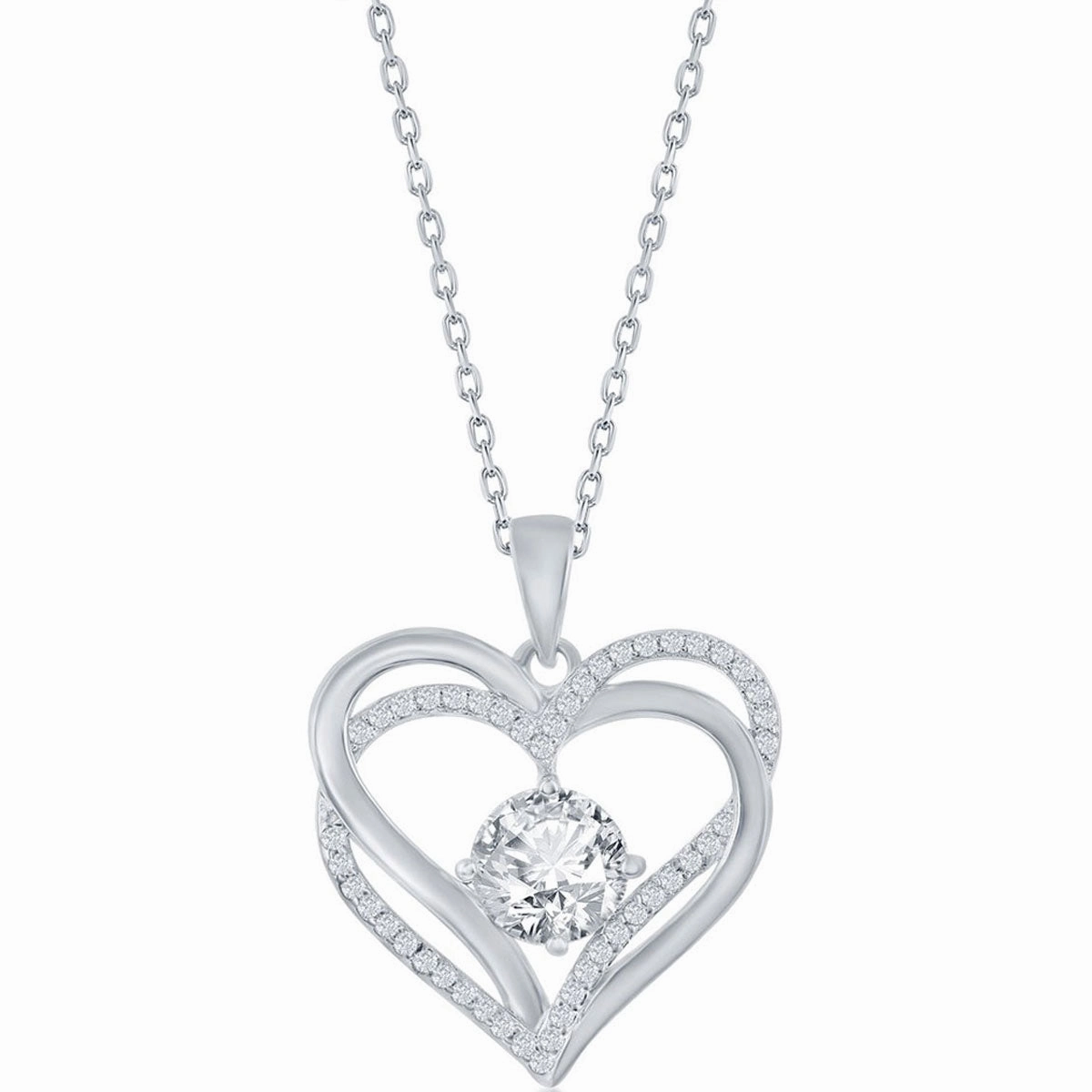 Classic Women's Pendant - Sterling Silver Double Heart White CZ Birthstone | K-8920
