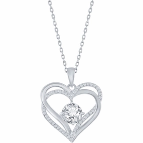 Classic Women's Pendant - Sterling Silver Double Heart White CZ Birthstone | K-8920