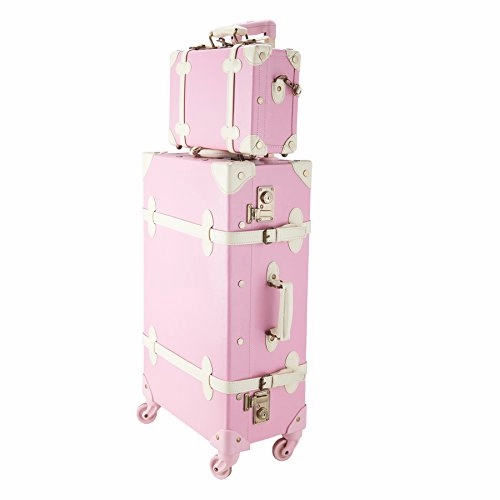 CO-Z Premium Vintage Luggage Sets 24" Trolley Suitcase and 12" Hand Bag Set with TSA Locks (Pink   Beige) (12"  24" Pink)