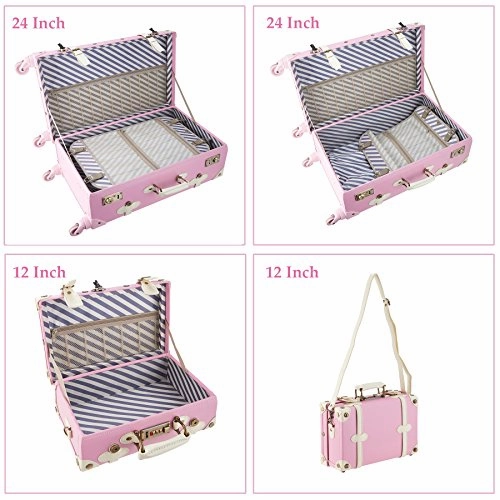 CO-Z Premium Vintage Luggage Sets 24" Trolley Suitcase and 12" Hand Bag Set with TSA Locks (Pink   Beige) (12"  24" Pink)