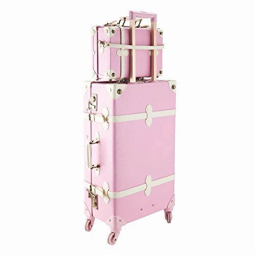 CO-Z Premium Vintage Luggage Sets 24" Trolley Suitcase and 12" Hand Bag Set with TSA Locks (Pink   Beige) (12"  24" Pink)