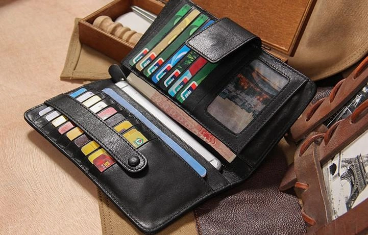 Cool Black Leather Mens long Wallet A lot of Cards Wallet for Men