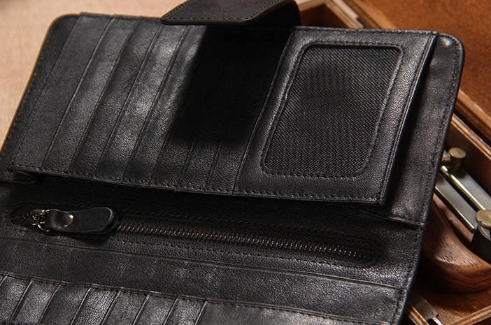 Cool Black Leather Mens long Wallet A lot of Cards Wallet for Men