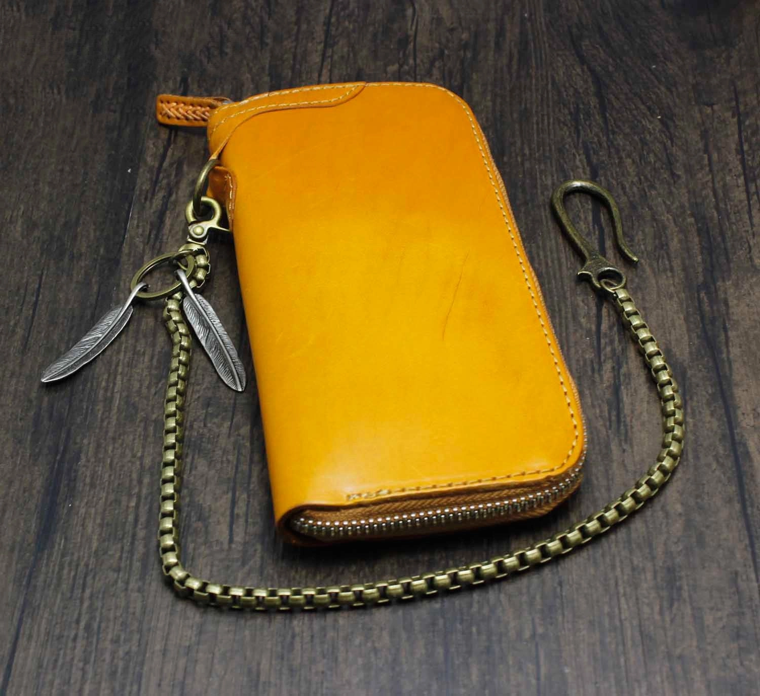Cool Brown Leather Men's Biker Wallet Biker Chain Wallet Zipper Long Wallet with Chain For Men
