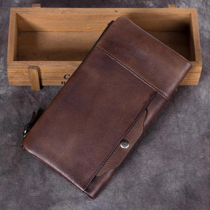 Cool Brown Mens Leather Bifold Long Wallet Vintage Coffee Long Multi Cards Wallet for Men