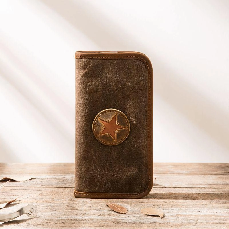 Cool Canvas Leather Mens Bifold Long Wallet Zipper Long Wallet for Men