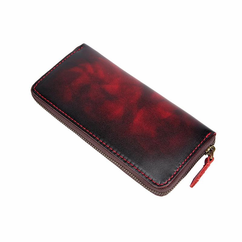 Cool Handmade Mens Brown Long Wallet Blue Bifold Card Wallet Zipper Clutch Wallet For Men