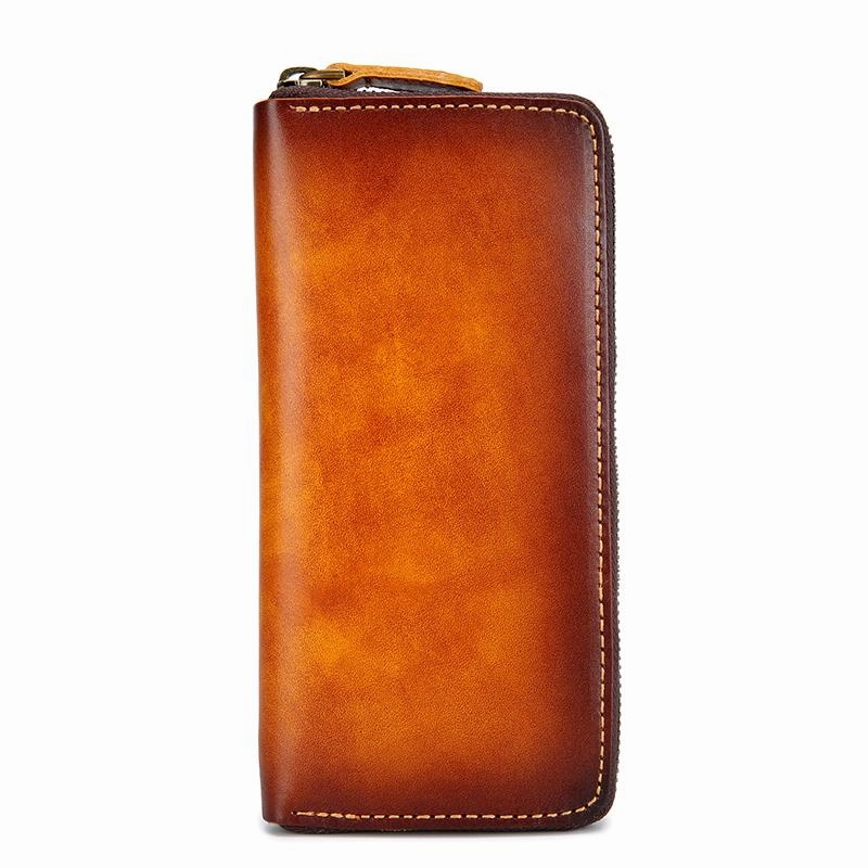 Cool Handmade Mens Brown Long Wallet Blue Bifold Card Wallet Zipper Clutch Wallet For Men