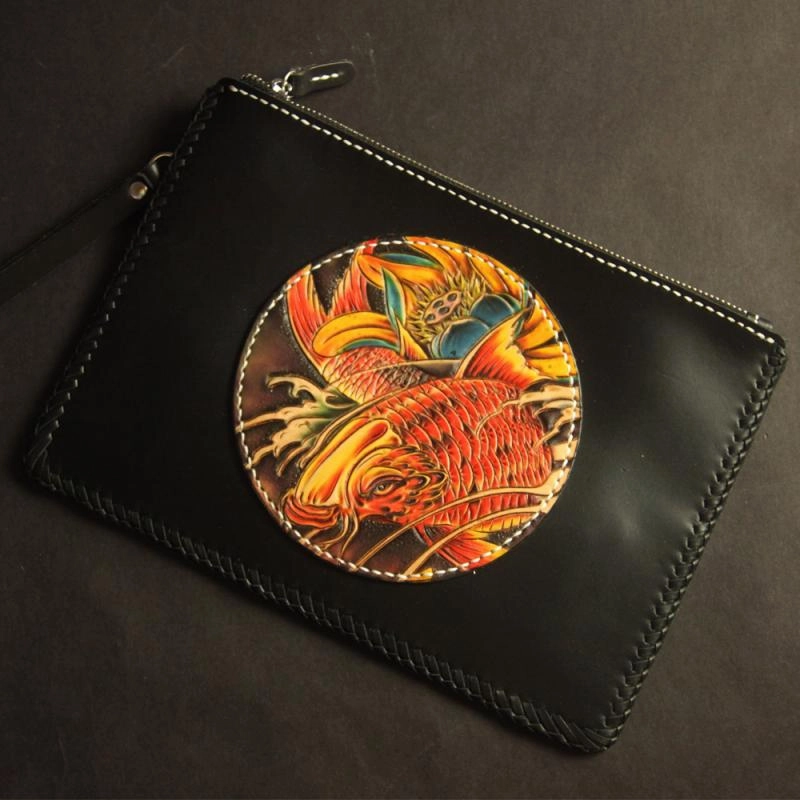 Cool Handmade Tooled Leather Floral Skull Clutch Wallet Wristlet Bag Clutch Purse For Men